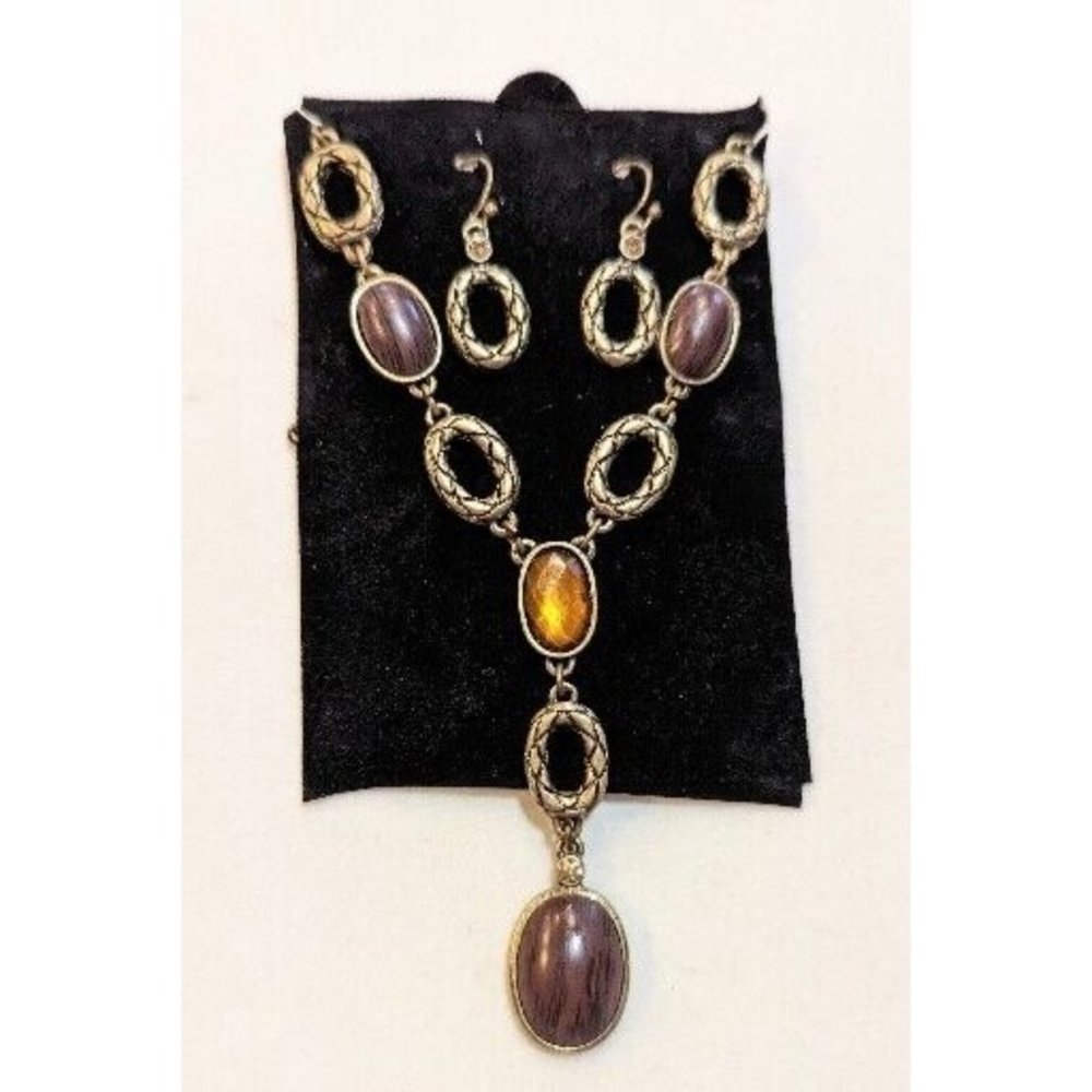 SAQ Avon Goldtone Textured Necklace & Earrings Set Antiqued Gold Tone